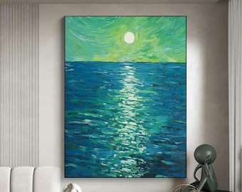 Green Abstract Painting Large Blue Sea Painting Sunrise Wall Art Ocean Textured Art Seascape Oil Painting Sea Abstract Art Green Canvas Art