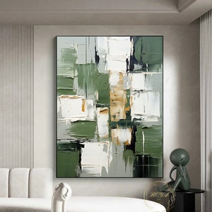 Original Green Abstract Painting White Textured Art Large Green Wall Art White Texture Painting Gold Abstract Art Modern Canvas Oil Painting