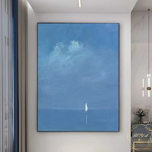 Large Minimalist Wall Painting Blue Abstract Painting Blue Sea Painting Sailboat Abstract Painting Seascape Abstract Art Coastline Painting