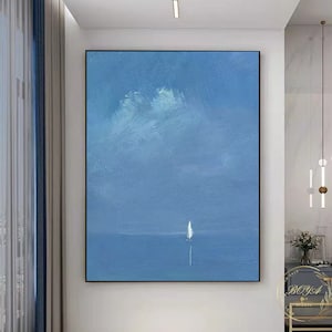 Large Minimalist Wall Painting Blue Abstract Painting Blue Sea Painting Sailboat Abstract Painting Seascape Abstract Art Coastline Painting