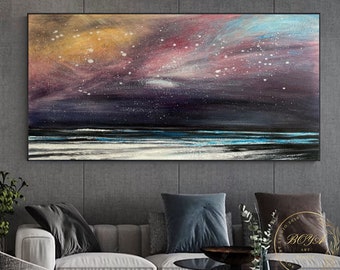 Large Starry Sky Painting Purple Landscape Painting Sea Waves Abstract Painting Blue Seascape Wall Art White Original Night Sky Painting