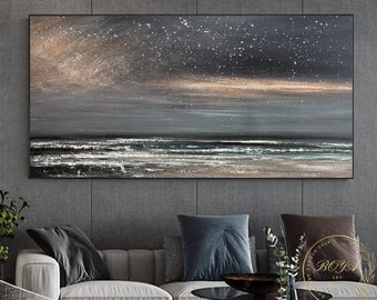 Original Sky Abstract Painting Large Starry Sky Painting Sea Abstract Painting Ocean Abstract Art Night Sky Painting White Waves Painting