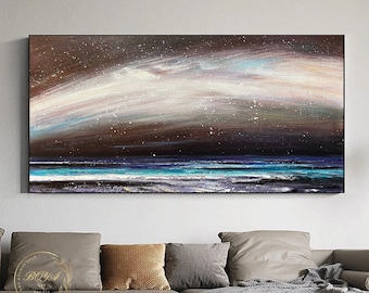 Large Starry Sky Painting Original Brown Landscape Painting Seascape Abstract Painting Green Ocean Waves Painting The Milky Way Wall Art