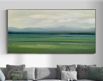 Large Green Landscape Painting Green Abstract Art Green Wall Painting Beige Canvas Painting Green Abstract Oil Painting Minimalist Wall Art