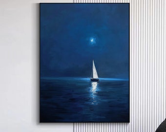 Grote minimalistische muurkunst, zeilboot abstract olieverfschilderij, marineblauw abstract schilderij, origineel zeegezicht muur canvas muurkunst voor woonkamer