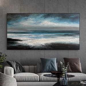 Large Seascape Oil Painting Blue Sea Abstract Art Original Ocean Abstract Painting White Beach Wave Painting Clould Sky Abstract Painting