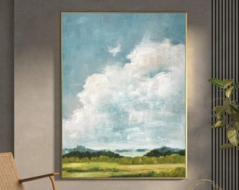 Cloudy Sky Oil Painting Green Texture Wall Art White Cloud Abstract Painting Large Cloud Wall Art Blue Sky Painting Landscape Wall Painting