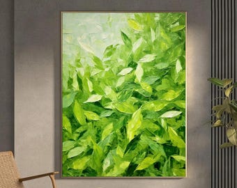 Cuadro de hojas verdes, gran pintura texturizada verde, pintura abstracta original verde, arte abstracto de hojas, arte moderno en lienzo, pintura de primavera