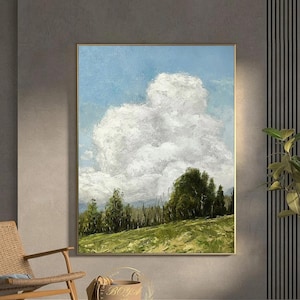 Cloudy Sky Painting White Cloud Abstract Painting Large Textured Wall Art Blue Sky Abstract Painting Cloud Wall Art Green Landscape Painting