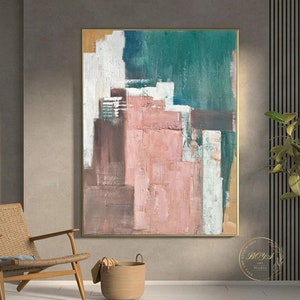 Large Texture Abstract Painting Pink Abstract Painting Green Canvas Art Multicolour Oil Painting Modern Abstract Wall Art Pink Textured Art