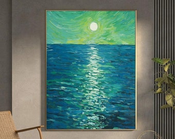 Green Abstract Painting Large Blue Sea Painting Sunrise Wall Art Ocean Textured Art Seascape Oil Painting Sea Abstract Art Green Canvas Art