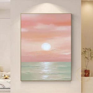 Sunset Seascape Large Wall Art,Pink and Green Abstract Painting,Textured Coastal Wall Art  for Living Room Decor,Original Wall Art for Gift