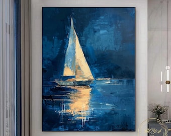 Originele zeilboot muurkunst marineblauw getextureerd schilderij grote zeemuurschildering zeilboot abstract schilderij minimalisme blauw canvas schilderij