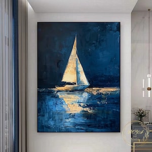 Arte abstracto original de velero, gran pintura azul del mar, pintura abstracta azul marino, minimalismo, pintura mural de velero, pintura moderna en lienzo