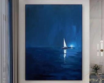 Original Segelboot Wand Kunst Blaue Minimalismus Gemälde Großes Segelboot Gemälde Blaues Meer Abstrakte Malerei Sonnenaufgang Malerei Seelandschaft Wandkunst