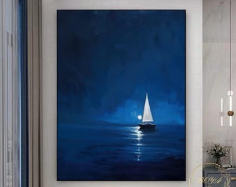 Originele zeegezicht muur kunst zeilboot abstract schilderij blauwe minimalistische canvas kunst grote marineblauwe muur kunst blauw schilderij nachtelijke hemel schilderij