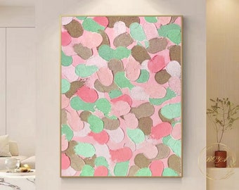 Pintura al óleo abstracta rosada, arte texturizado rosa grande, pintura de textura verde, pintura abstracta de flores, pintura en lienzo rosa, arte de pared minimalista