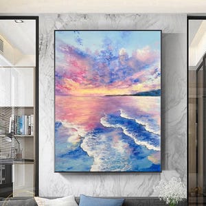 Large Sea Painting Ocean Waves Oil Painting Sunset Wall Art Purple Abstract Painting Seascape Canvas Painting Cloudy Sky Abstract Painting