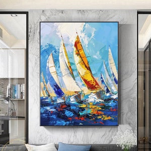 Pintura abstracta de velero, gran pintura de paisaje marino azul, pintura abstracta colorida, arte de pared de velero, arte texturizado grande, pintura al óleo moderna