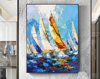 Pintura abstrata de veleiro, grande pintura de paisagem marinha azul, pintura abstrata colorida, arte de parede de veleiro, grande arte texturizada, pintura a óleo moderna