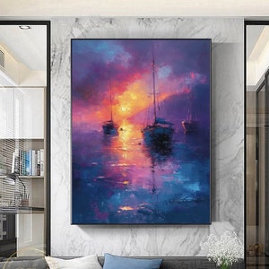 Large Blue Seascape Painting Sailboat Abstract Painting Purple Sky Wall Painting Ocean Abstract Painting Sunset Canvas Art Sailboat Wall Art