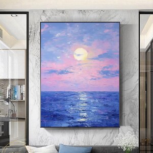 Large Purple Abstract Painting Sunset Wall Art Blue Sea Abstract Painting Seascape Oil Painting Purple Abstract Art Pink Sky Canvas Painting