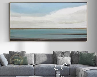 Large Sea Abstract Painting Blue Ocean Wall Art Seascape Abstract Painting Blue Sky Canvas Painting Minimalist Wall Art Cloudy Sky Painting