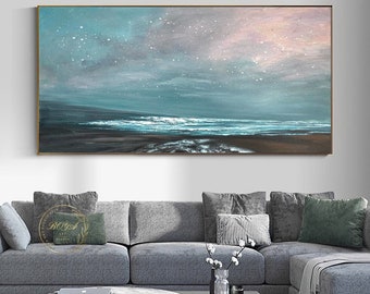 Original Sea Abstract Art Large Blue Sky Landscape Oil Painting Beach Abstract Painting Pink Sky Painting Ocean Wall Art White Wave Painting