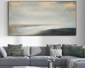 Large Sea Abstract Painting Beige Wall Art Cloudy Sky Painting Beach Abstract Painting Minimalist Ocean Wall Art Modern Canvas Art Painting