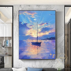 Sailboat Abstract Painting Large Blue Seascape Painting Purple Abstract Painting Sunset Wall Art Cloudy Sky Oil Painting Ocean Wall Painting