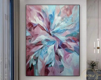 Original blaue abstrakte Malerei große lila Wandkunst blaue Wandmalerei Blume abstrakte Kunst moderne abstrakte Malerei rosa Leinwandkunst