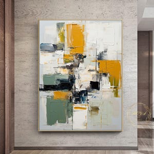 Grand art texturé 3D beige peinture abstraite originale jaune texturé peinture art mural vert minimalisme moderne peinture noir texturé art