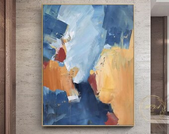 大きな青オレンジの抽象画 青の幾何学的なキャンバスの抽象画 オレンジ