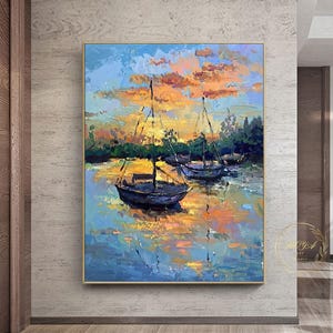 Pintura abstracta original de velero, gran pintura al óleo de velero, pintura abstracta de paisaje marino, arte mural de atardecer naranja, pintura de lienzo de velero