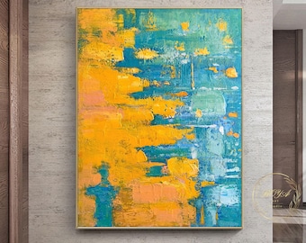 大きな黄色の壁画 黄色のテクスチャ絵画 オリジナルの緑の抽象画 緑の