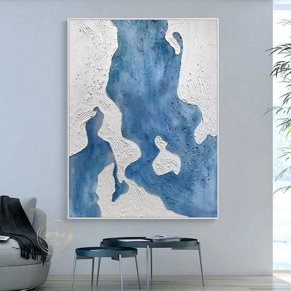 Large Minimalist Wall Painting Blue Abstract Painting White Textured Art Blue Waves Painting White Abstract Painting Blue Abstract Wall Art