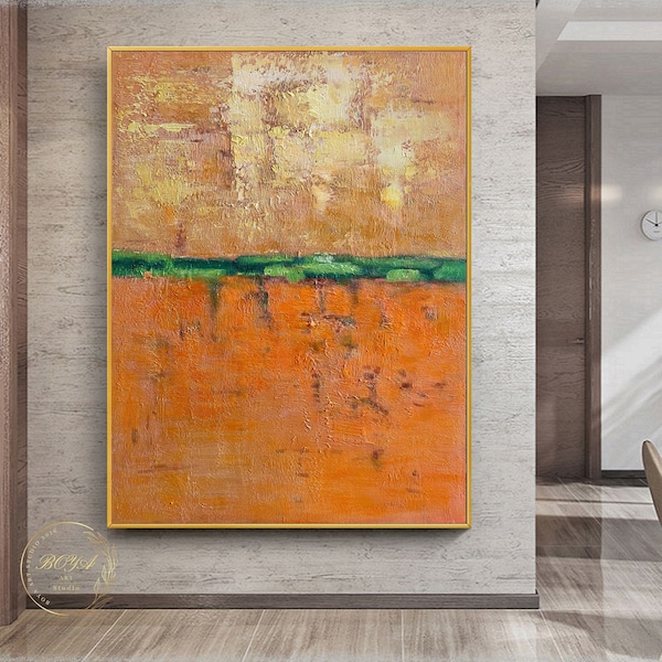 Orange Abstract Painting Large Yellow Painting Orange Minimalist Canvas Art Green Texture Art Abstract Landscape Painting Modern Wall Art