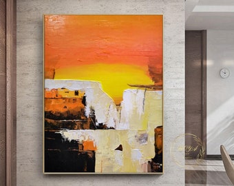 Large Orange Abstract Painting Yellow Textured Art Orange Wall Art Thick Texture Painting Abstract Landscape Painting Sunrise Abstract Art