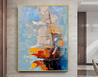 Large Textured Painting Sailboat Abstract Painting Large Sailboat Wall Painting Sailboat Abstract Art Orange Textured Art Large Oil Painting