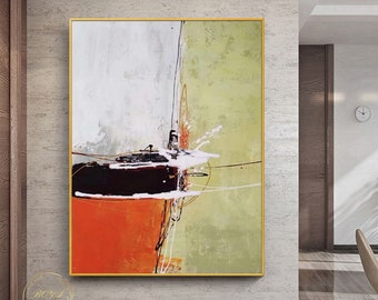 Original Green Abstract Painting Large Green Painting Orange Oil Painting Minimalist White Wall Art Geometric Painting Modern Wall Painting