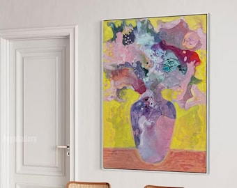 Grande nature morte florale abstraite, peinture à l'huile | Vase de fleurs jaune et violet, peinture à l'huile | Toile botanique pour salon