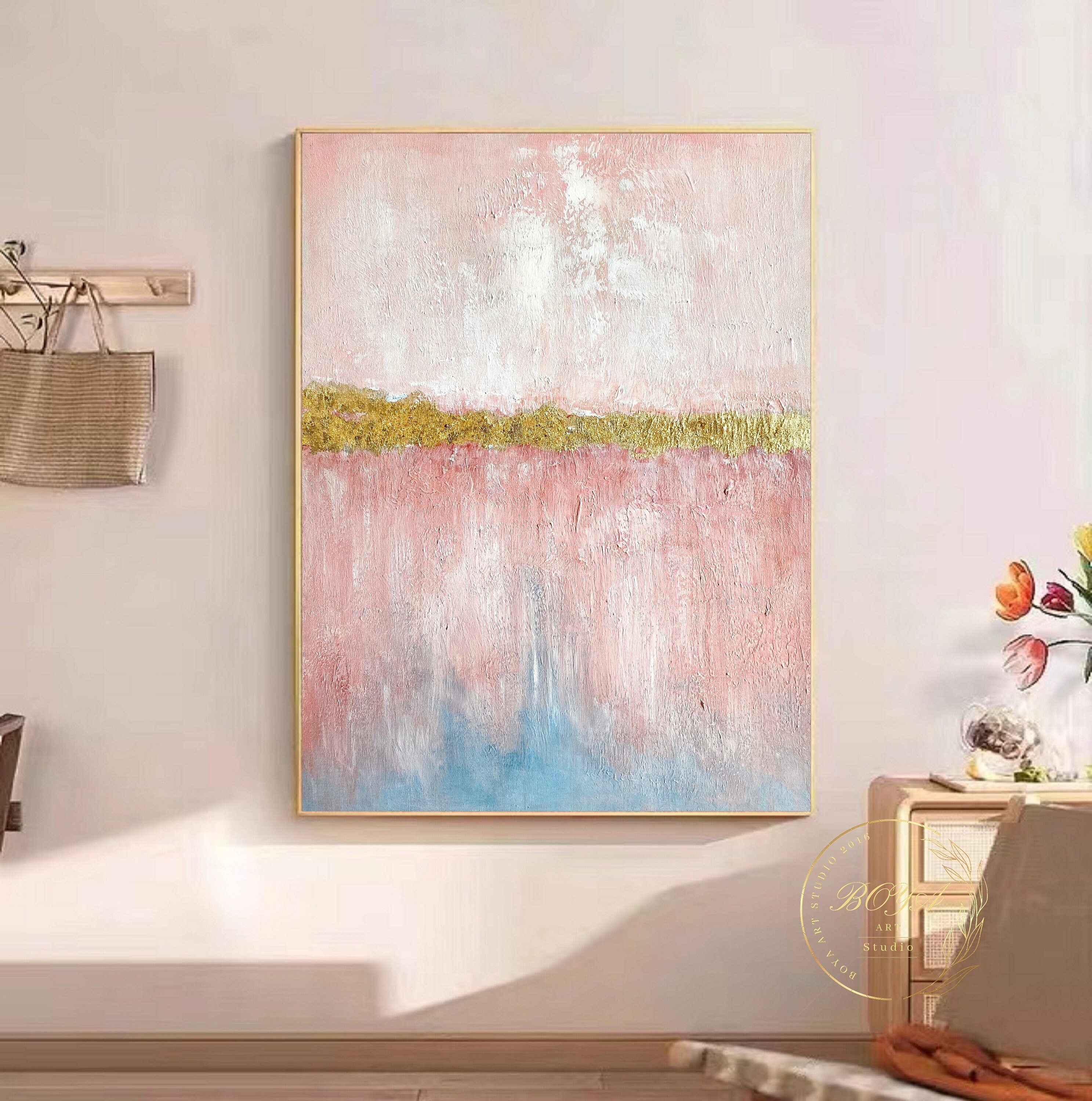 Pink Abstract Painting Pink Minimalist Wall Art Gold Texture Art Large ...