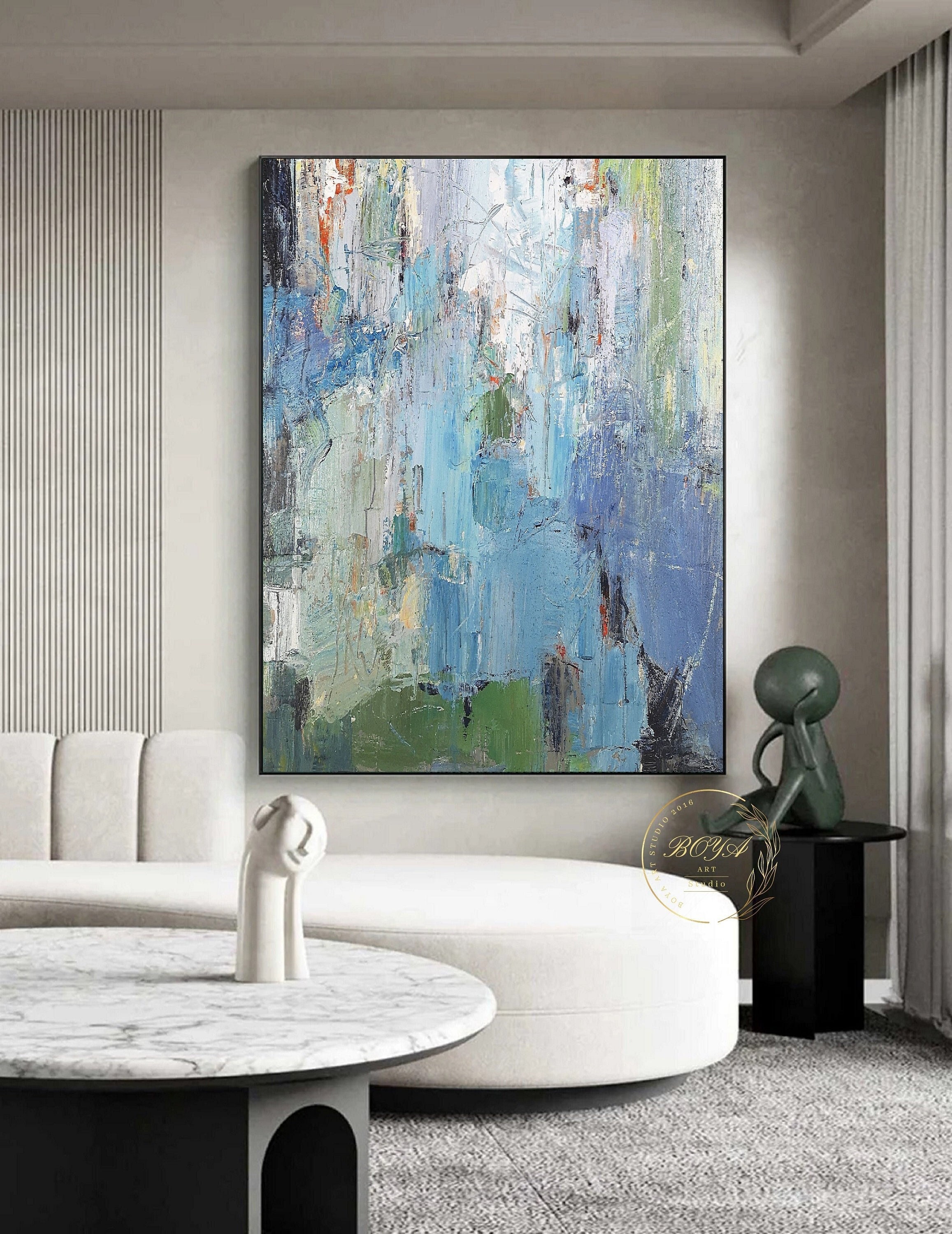 Large Blue Abstract Painting Original Green Oil Painting - Etsy