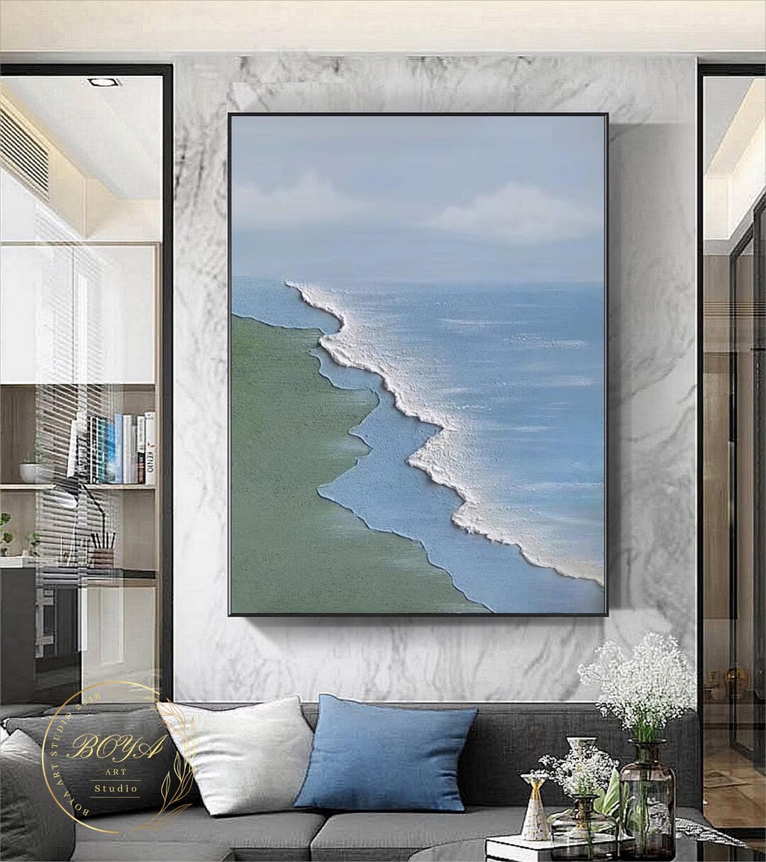 Blue Seascape Abstract Painting White Wave Textured Art Ocean Wave Wall ...