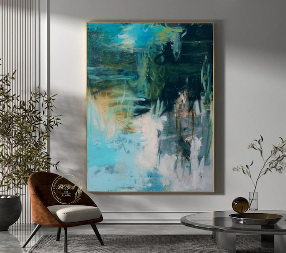 original abstract art青緑色の抽象画 オリジナルの緑の絵画の葉の抽象画の緑の抽象画の芸術の大きな青い油絵