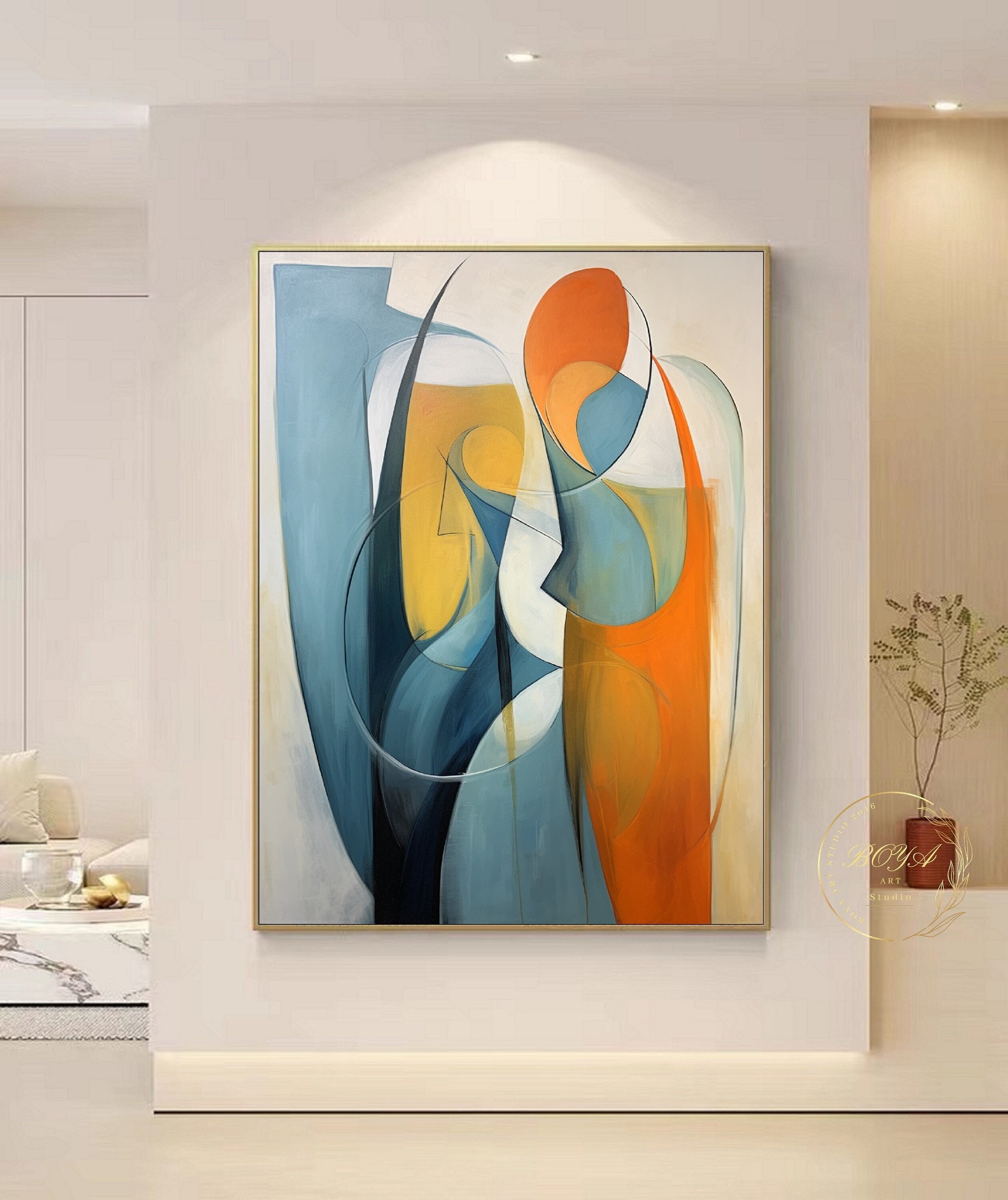 Arte de pared naranja, pintura abstracta azul, arte abstracto figurativo,  pintura mural de retrato, arte de pared moderno, pintura abstracta  amarilla, arte de lienzo grande - Etsy México, image size:2521x3000