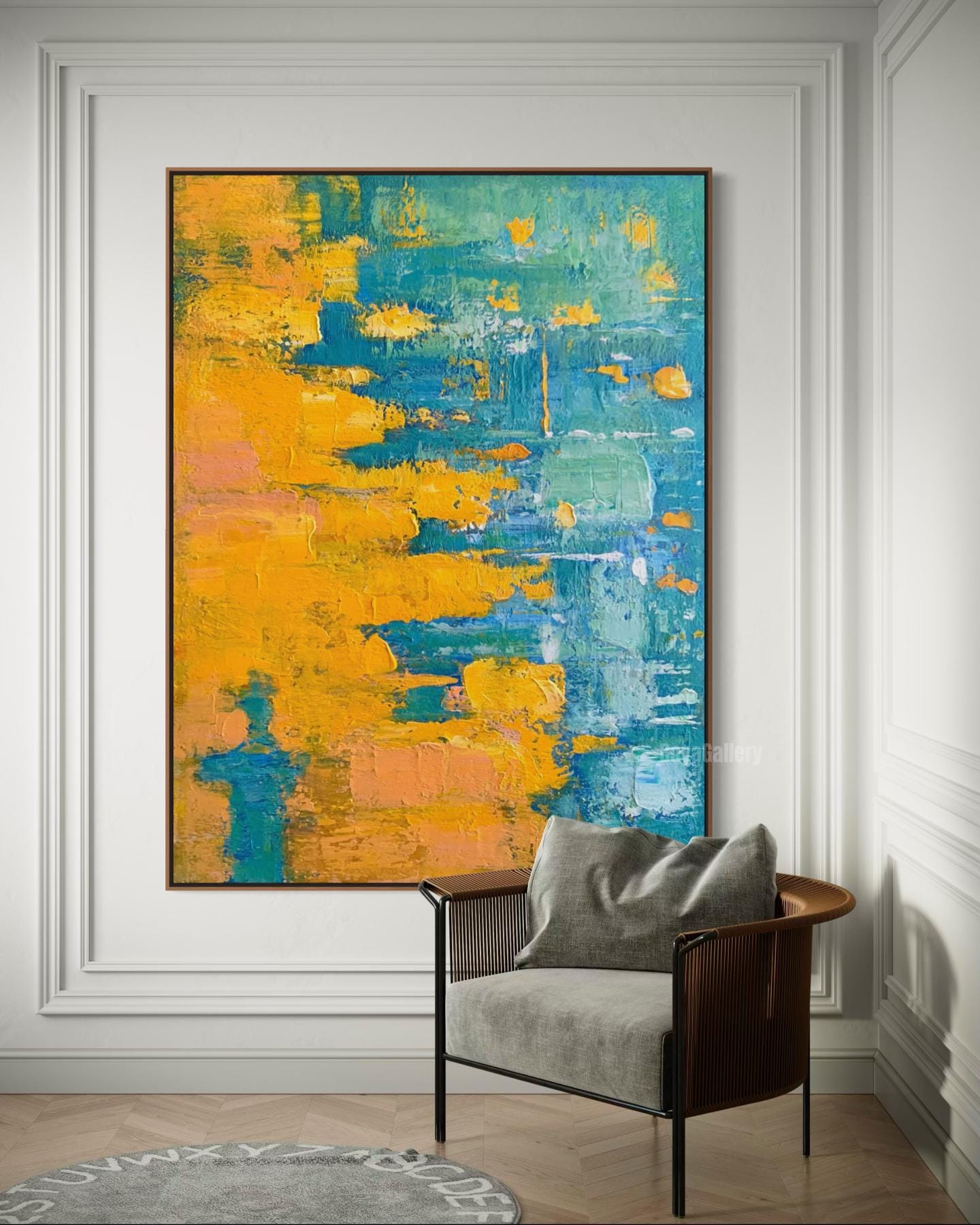 大きな黄色の壁画 黄色のテクスチャ絵画 オリジナルの緑の抽象画 緑の