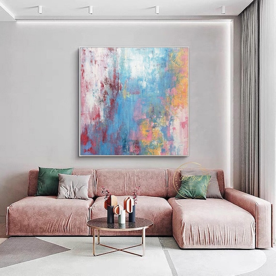 オリジナルのマルチカラーウォールアート ブルー抽象画 ピンク