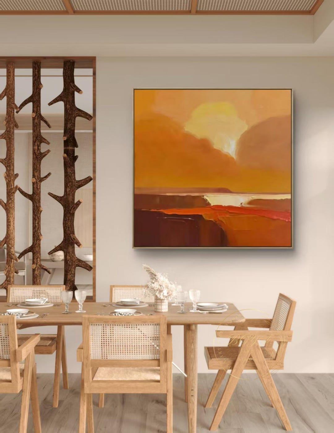 大型オリジナル油絵、オレンジ色の抽象画、手描きの夕日の抽象画