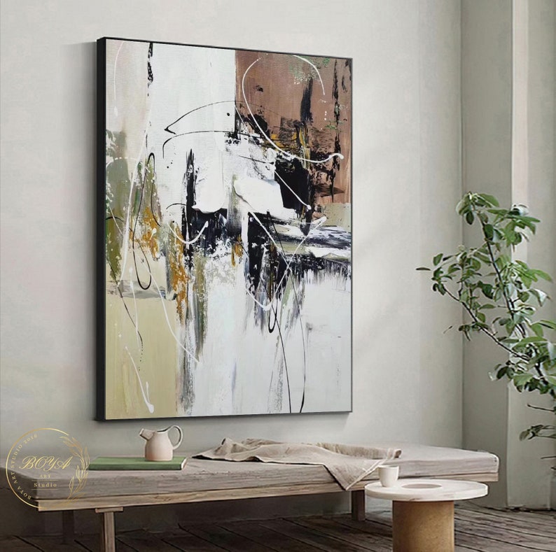 Original White Oil Painting Brown Abstract Painting Large Line Etsy